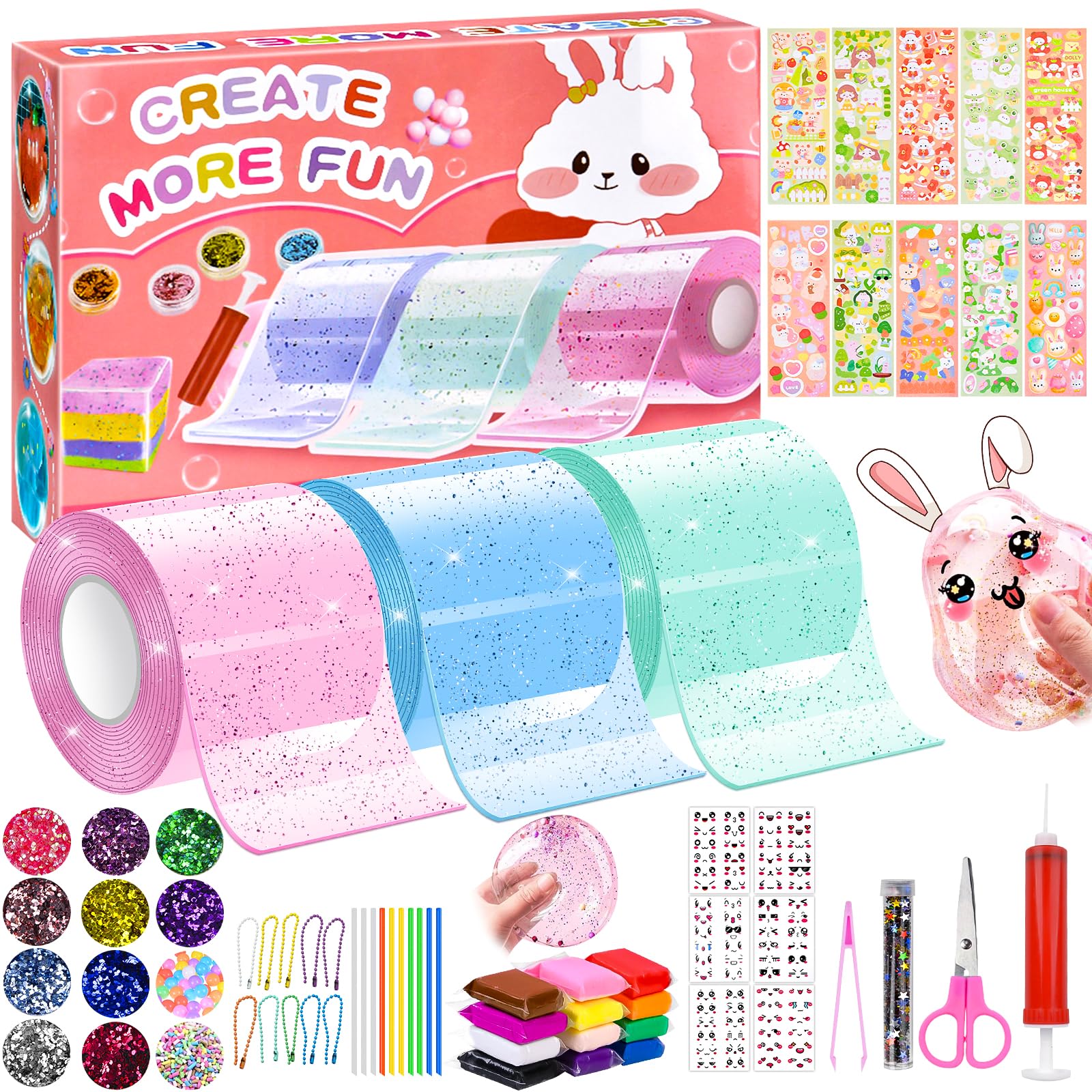 Vibbang 70Pcs Nano Tape Kit for Kids, Nano Tape Bubbles Set for Making Bubbles, DIY Nano Magic Tape Craft Kit Age 4+ with Sequin Glitter Powder Sticker, Double Sided Nano Tape Party Favors Toy Gift