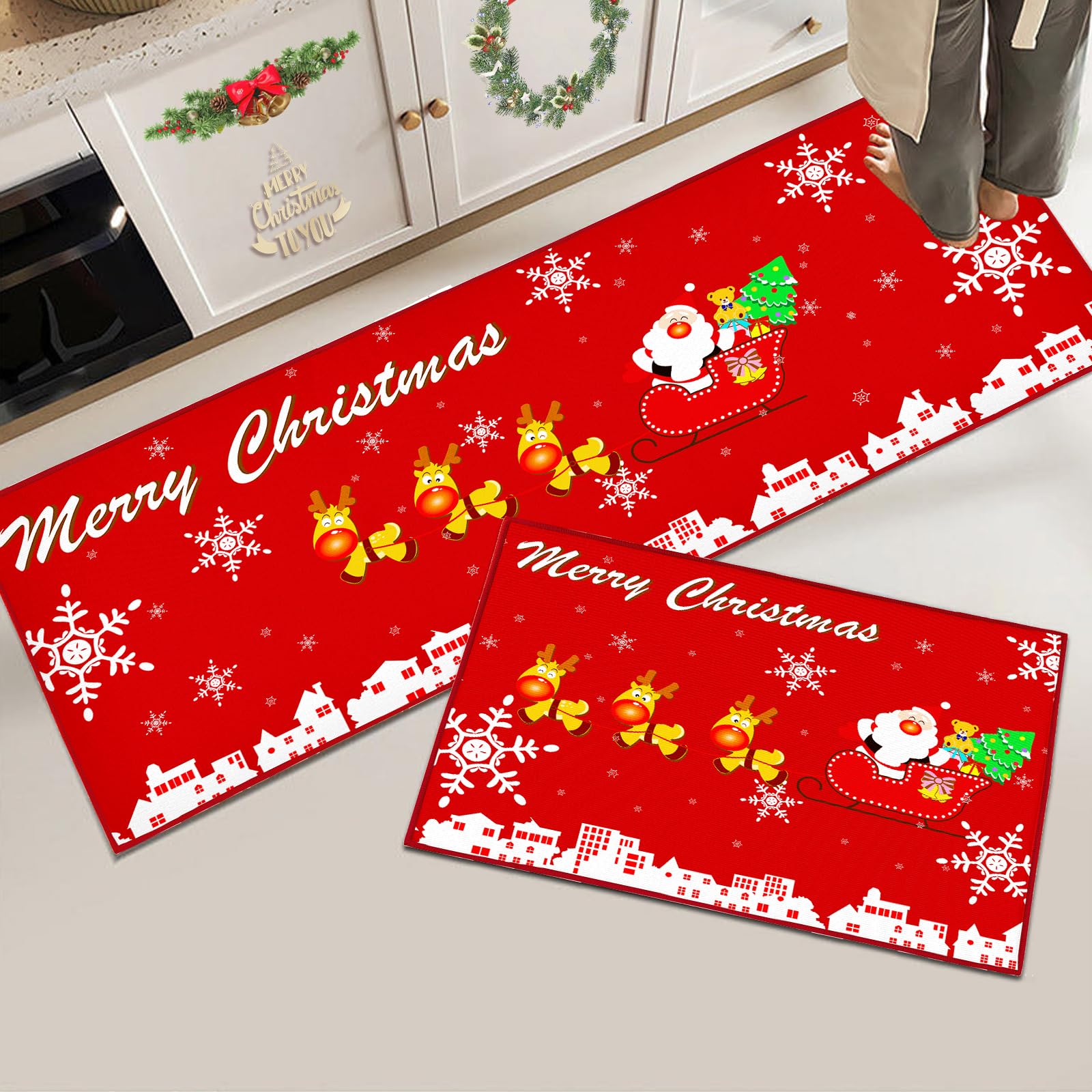 Hoimlm Christmas Kitchen Rugs Non-Slip Washable Kitchen Mats, Hallway Living Room Floor Bathroom Kitchen Carpet Set Christmas Decoration (Christmas D, 40 x 120 cm+40 x 60 cm)