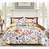 Yiran Queen Sunflower Botanical Comforter Set Terracotta Yellow White Bed in a Bag Floral Comforter Sets Soft Microfiber Boho Bedding Sets for All Season,7 Piece,90"×90"