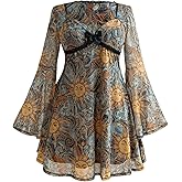 BEAUDRM Women's Y2k Plus Size Hippie Vintage Boho Dress Leopard Bell Long Sleeve V Neck Bow Mesh Goth Mini Dresses