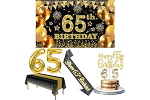 65th Birthday Decorations Men Women with 65th Birthday Banner, Black and Gold Table Cloth, Number Balloons, Black Glitter Sas