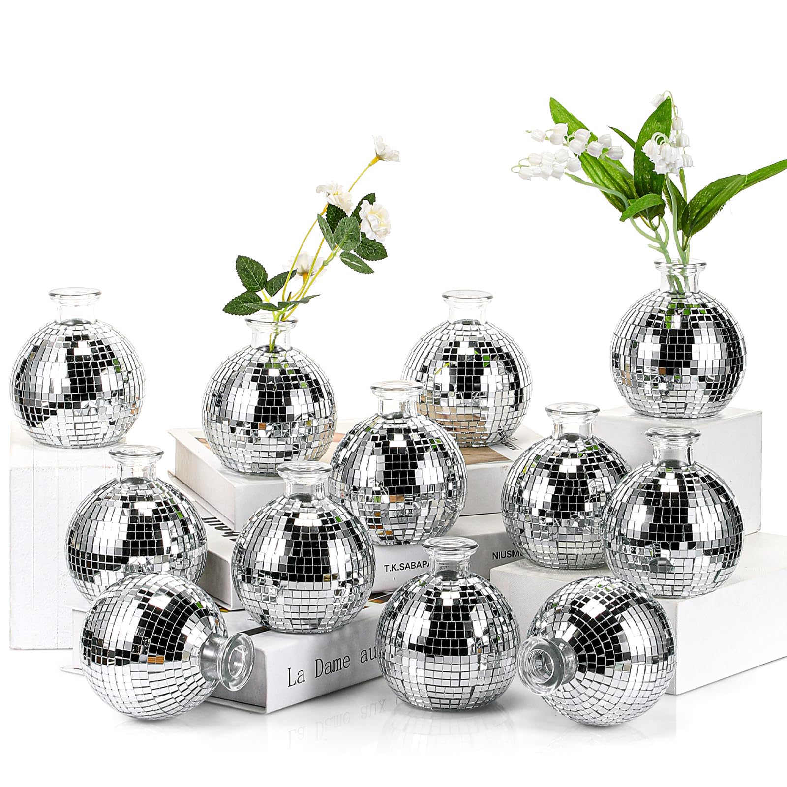 Photo 1 of Layhit 12 Pcs Disco Ball Vase for Flower and Plant 4 Inch Small Glass Vase Silver Mirror Mini Disco Ball Planter for Indoor Outdoor Wedding Birthday Home Bedroom Kitchen Office Decoration