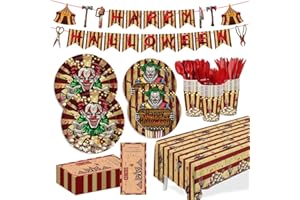 JVORFDG 170pcs Halloween Evil Circus Plates Napkins Party Decorations Banner Tablecloth Disposable Paper Cups Evil Circus Tableware Set Party Supplies for Kids Halloween Party Decor Serves 24