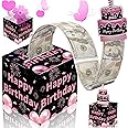Birthday Money Box for Cash Gift Pull, Surprise Money Roll Gift Box with Pull Out Card and 30 Transparent Bags DIY Set, Funny Ways to Give Money as Gift for Parents, Lovers, Friends (Pink)