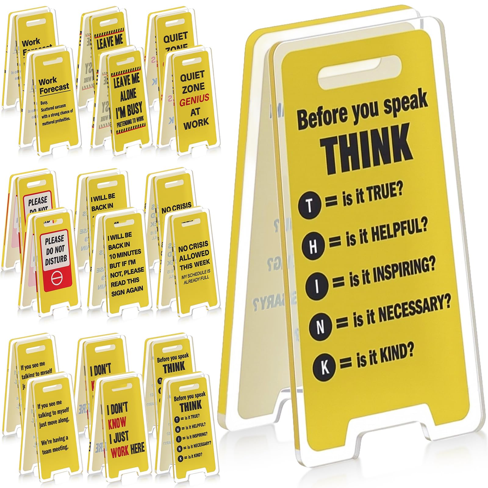 Photo 1 of AceOrbit 18 Pcs Funny Desk Signs with Sticky Note Holder, Mini Acrylic Yellow Caution Desk Signs, Funny Office Decor Gifts for Coworkers, Employees and Boss, White Elephant Christmas Birthday