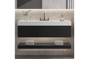 YITAHOME 48 Inch Floating Vanity with 3 Drawers, Wall Mounted Bathroom Vanity with White Quartz Countertop & Oak Veneer, Big Space Storage for Modern Bathroom, Black