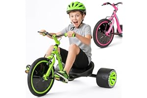 Drift Trike for Kids Ages 5+ 16" Front Wheel Ride-On with Adjustable Seat, Steel Frame, Rear Slick Drift Wheels & Safety Flag – Madd Gear Green Black