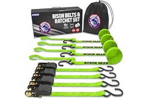 BISON GEAR Ratchet Straps 20ft (6m) 4 Pack 1000kg Break Strength High Visibility UV Resistant Heavy Duty Cargo Tie Down Straps - Green