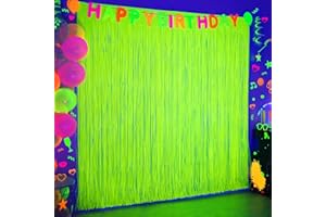 MEGA-LOOPOLIS Mega-L Glow in The Dark Party Supplies, 2 Pack Neon Party Decorations 6.6 x 6.6 ft Fluorescent Macaron Yellow Tinsel Foil Fringe Curtains, Photo Booth Prop Backdrop Streamer, Birthday Party Decor