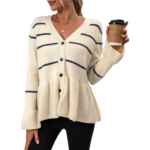 Mingzhu Women's Striped Cardigan Sweaters Long Sleeve Button Down
