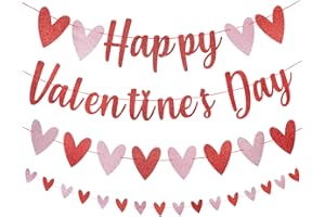 LEESKY Red Glitter Happy Valentines Day Banner and Valentines Heart Garland Bnner Decorations, Valentine's Day Banner Decor for Happy Valentines Day Decorations Valentines Wedding Anniversary Party Supplies