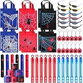 Foilswirl 60 Pcs Spider Party Favors Include Spider Sunglasses, Web Gift Tote Bags, Slap Wristbands, Silicone Keychains and Blue Red Star Bubble Wands for Birthday Comic Hero Party Decoration