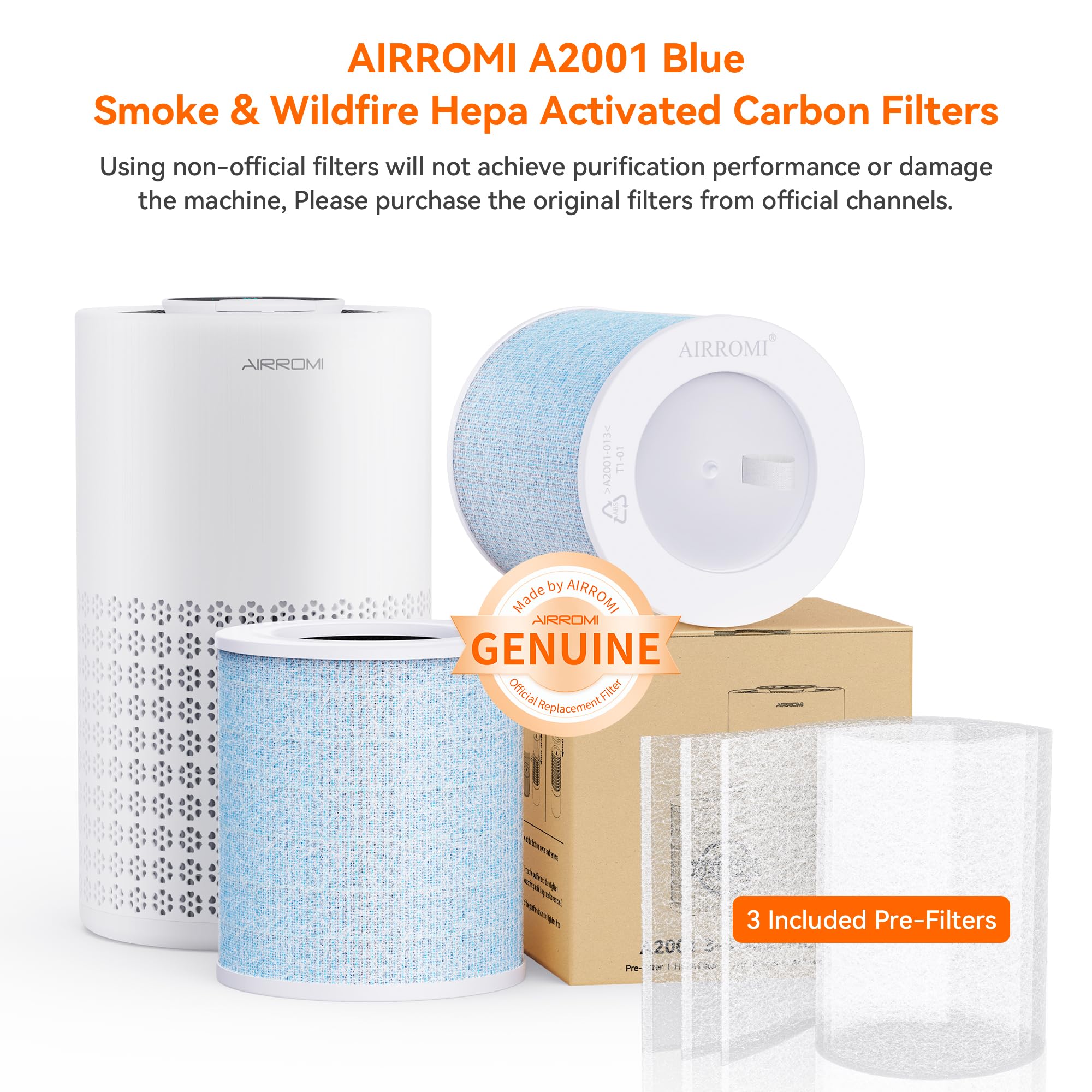 AIRROMI A2001 High-Efficiency Air Purifier Replacement Filter - Original 4-in-1 Filter, Blue Activated Carbon Filter for Smoke and Wildfire Removal, Removes 99.97% of 0.3 Micron Particles - 1 Pack