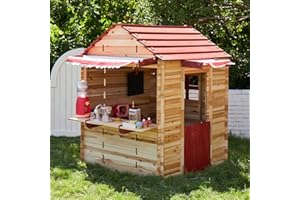 Asweets Kids Wooden Playhouse, No Screws No Tools, Criss-Cross Wooden Playhouse, Outdoor and Indoor Pretend Play Games for Toddlers 3+ Years Old, with Flowers Pot Holder, Red Double Slope