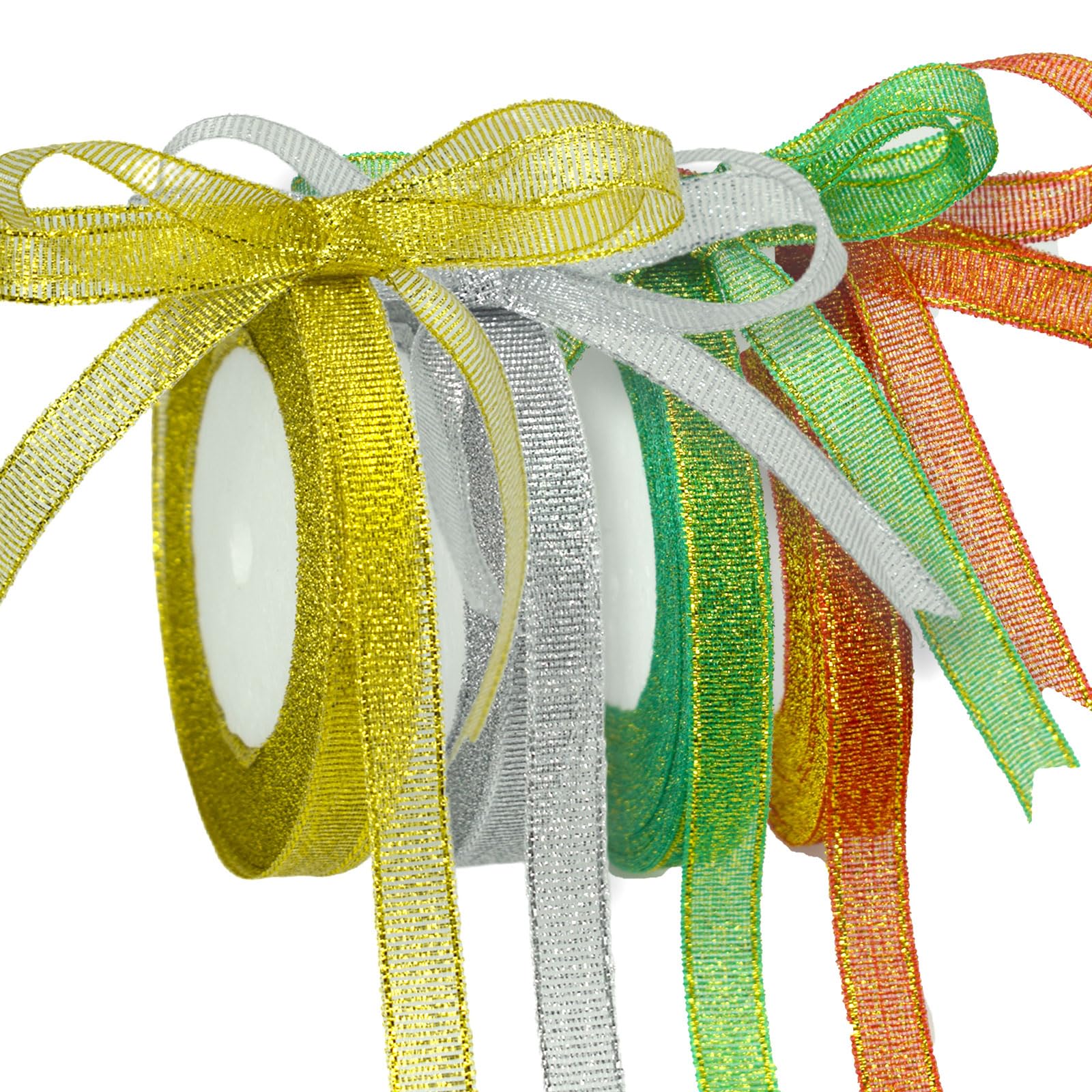 Photo 1 of 100 Yards Metallic Ribbon with Gold & Silver Threads,Glitter Ribbon for Gift Wrapping, Christmas, Valentine’s Day, Bouquet, and DIY Decor (Red,Green,Gold,Silver, 4 Rolls, 3/8 Inch)
