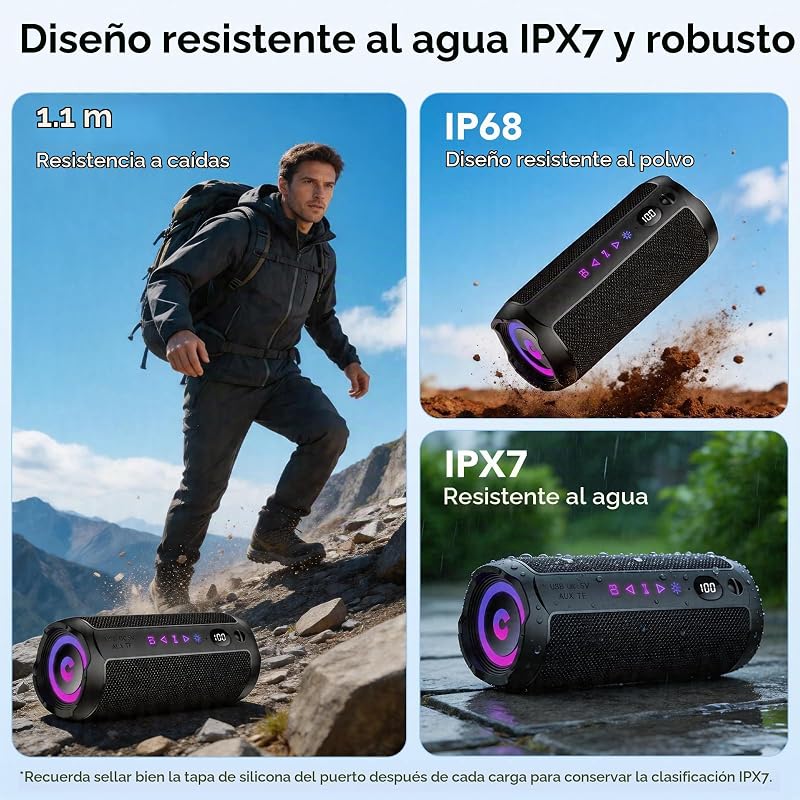 Altavoz Bluetooth Portátil 25W, Potente Altavoz Bluetooth, Altavoces Graves Duales, 25H Reproducción, IPX7, RGB, Emparejamiento TWS, AUX, TF, USB, Ideal Para Actividades Aire Libre, Fiestas,Viajes.