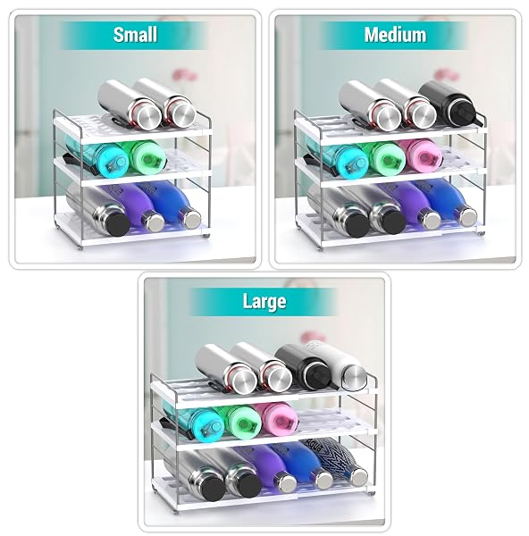 YAN & HIN WATER BOTTLE ORGANIZER FOR CABINET, 3-TIER EXPANDABLE BOTTLE STORAGE RACK, ADJUSTABLE HEIGHT HOLDS 15 BOTTLES, TUMBLER & BABY BOTTLE ORGANIZER FOR KITCHEN PANTRY COUNTER (2 PACK)