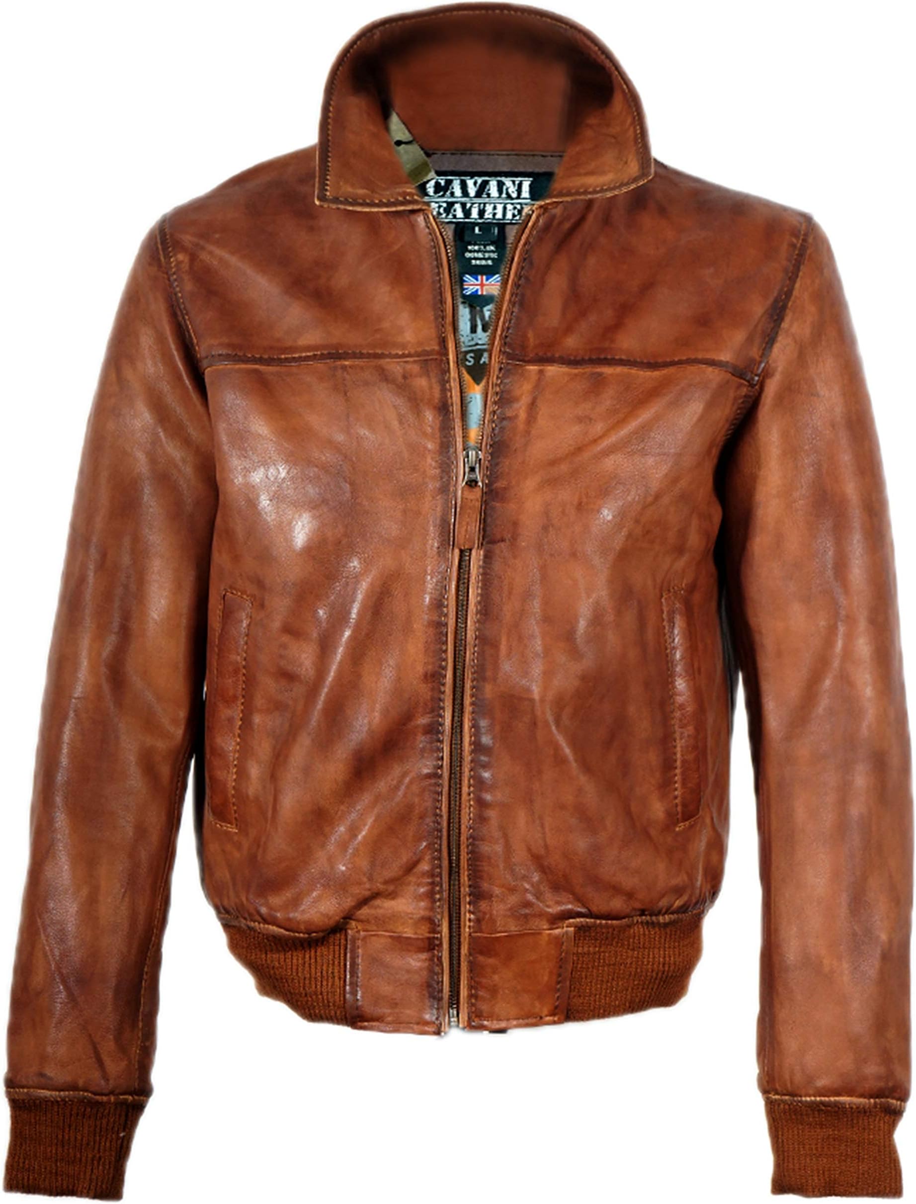 Cavani Leathers Mens Bomber Leather Jacket – Biker Lambskin Vintage Distressed Brown Leather Jacket