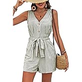 Women Summer Rompers Sleeveless V Neck Button Down Linen Jumpsuit Shorts Beach Striped Rompers with Belt
