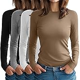 Oakgarden 4 Pack Women's Long Sleeve Shirt Slim Fit Crew Neck Tops Casual Basic Stretch Cotton Blend Fall Going Out Outfits