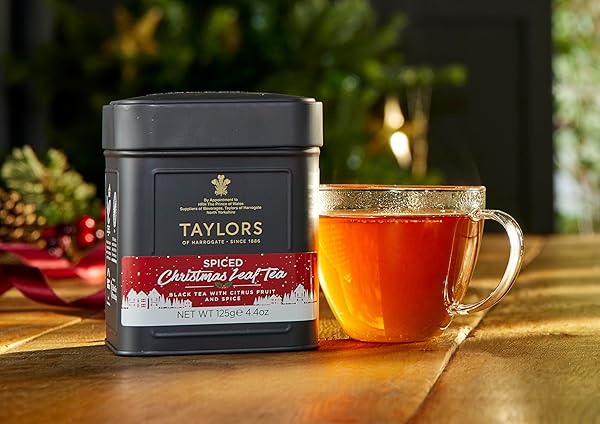 TAYLORS OF HARROGATE SPICED CHRISTMAS, HOLIDAY BLACK TEA, LOOSE LEAF, 4.41 OUNCE TIN CADDY, DEEP, FESTIVE AND SPICED, CAFFEINATED, PREMIUM WHOLE LEAF TEA