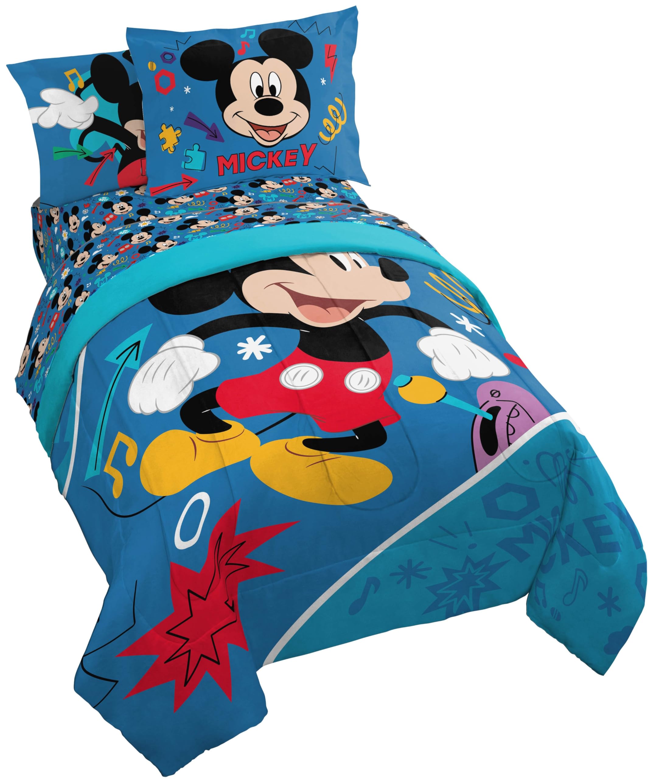Photo 1 of Jay Franco Kids Comforter Set Includes Sheets and Pillow Covers - Soft and Cozy Bed Set for Stylish Room Decor, Blue - Mickey Mouse, 7 Piece Full Bedding