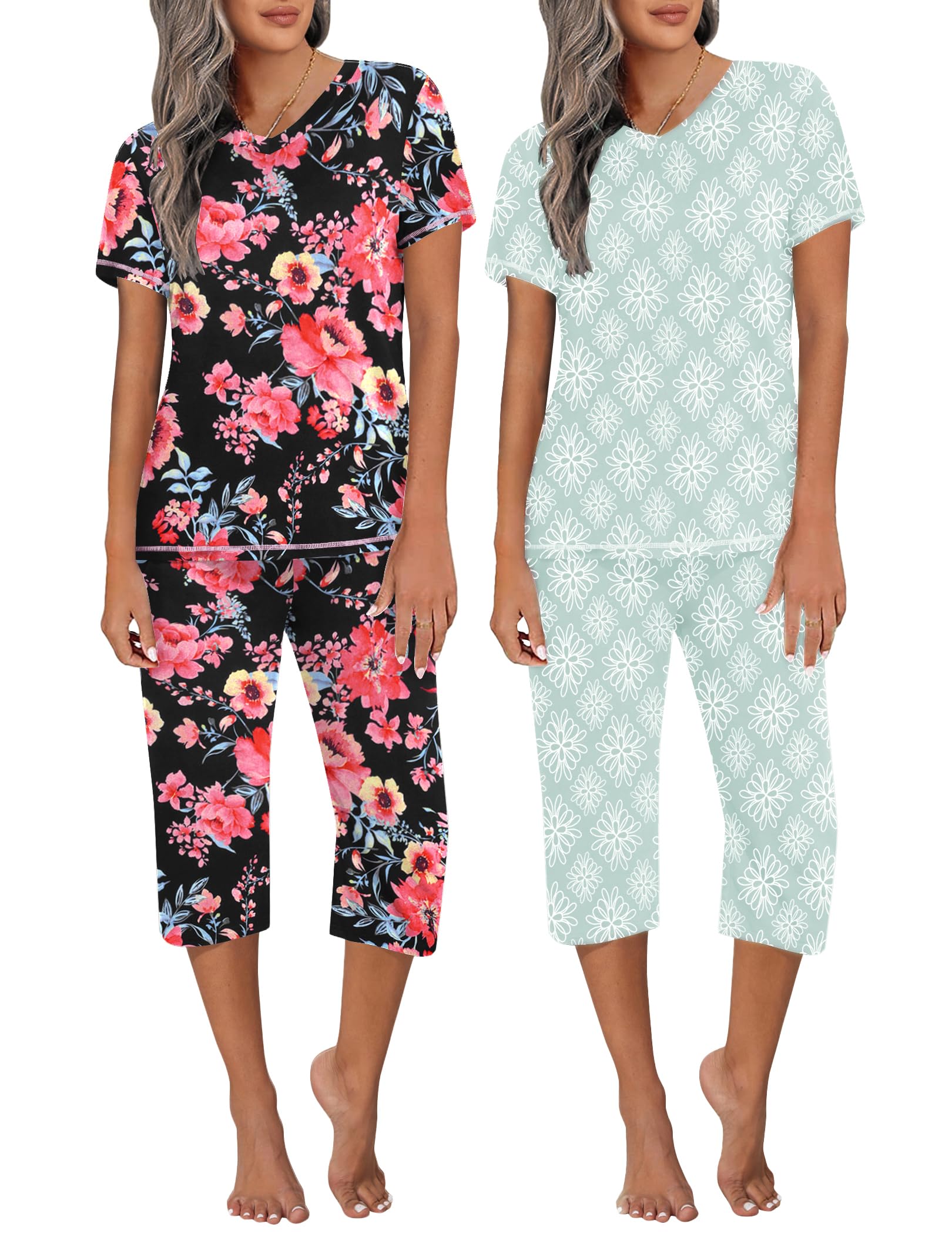 Ekouaer 2 Pack Pajamas for Women Set Short Sleeve 2 Piece Pjs V Neck Tops & Capri Pants Lounge Sets with Pockets S-3XL Image Ekouaer 2 Pack Pajamas for Women Set Short Sleeve 2 Piece Pjs V Neck Tops & Capri Pants Lounge Sets with Pockets S-3XL Image