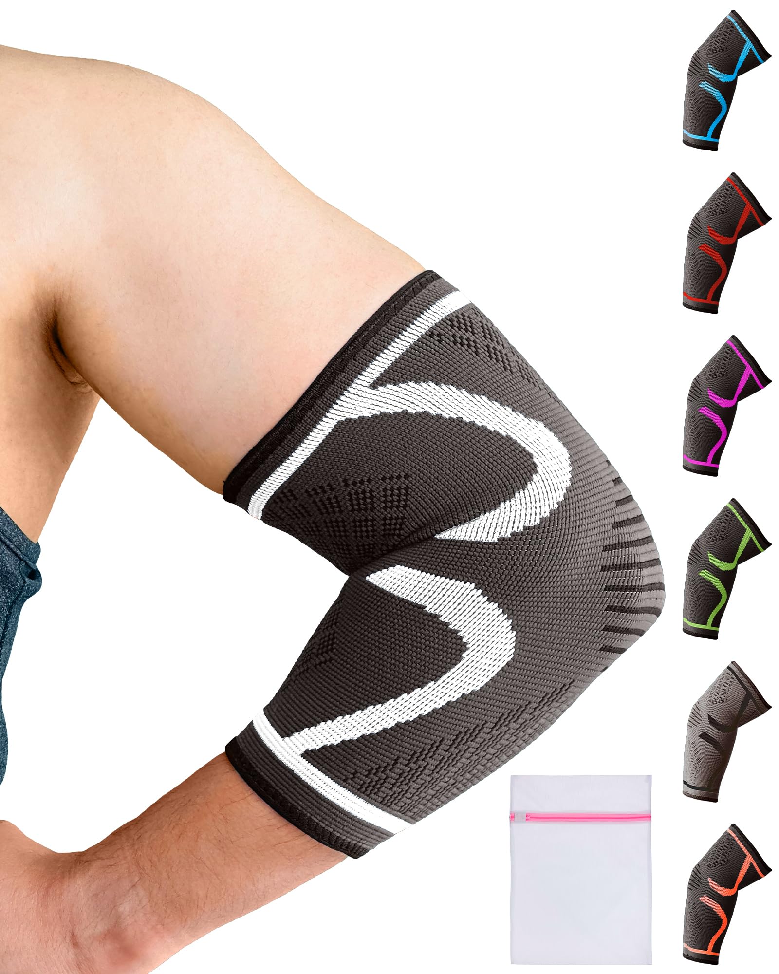 360 RELIEF Elbow Support for Men, Women, Kids, 1 Pack Compression Elbow Sleeve for Tennis, Golfers, Sports, Fitness, Gym, Weightlifting, Small, Grey + Laundry Bag