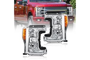 DimFlux Headlight Assembly, Headlights Kit Compatible with 2017-2019 Ford F250 F350 F450 F550 Super Duty Fits Models with Halogen Headlights Only Replacement Headlamp Chrome Housing Amber Reflector