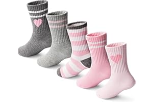 Sockswift Girls Socks Kids Cotton Socks Pink Crew Athletic Socks with Hearts & Stripes 5 Pairs