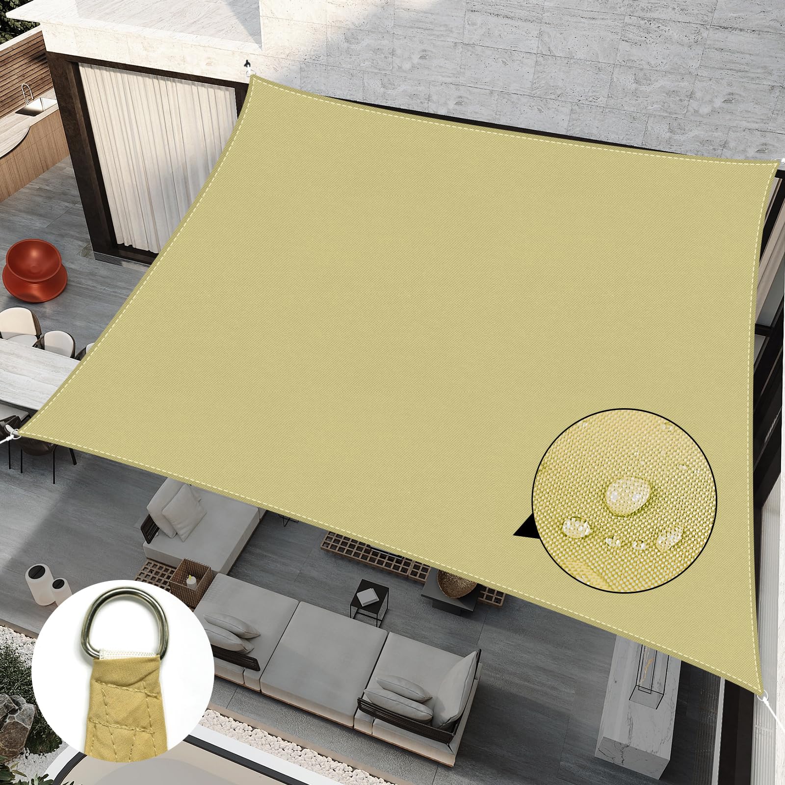 RICHIE Sun Shade Sail Rectangle 2m x 4m Waterproof, 98% UV Block Awnings for Patios with Free Rope, Sunscreen Awning Canopy, Rectangular Garden Shelter for Outdoor Garden Patio Yard Lawn Party, Sandy