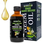 GreenIVe 100% Pure Neem Oil Glass Bottle Naturally Grown - Cold Pressed Virgin Unrefined Hexane Free Hair &amp; Skin Massage &amp; Carrier Oil - Nail Cuticle, Pet, Plant Care 8 fl oz GLASS Bottle