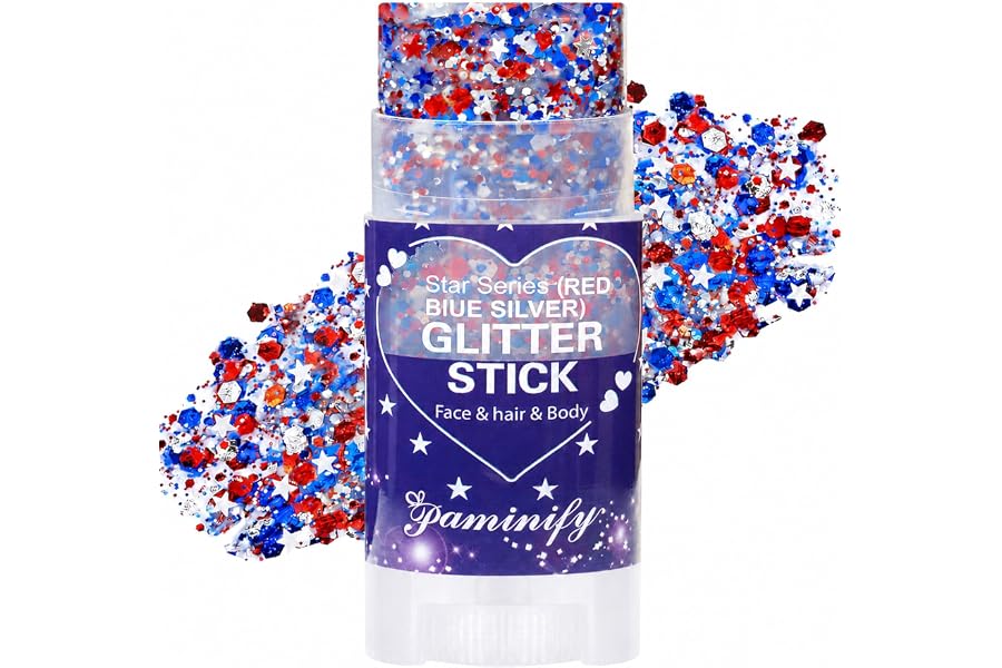 Paminify Red White Blue Hair Glitter Stick,4th of July Patriotic America Flag Star Face Body Glitter,250th Independence Day Outfits for Women, Waterproof Cheer Glitter Makeup for Soccer Game