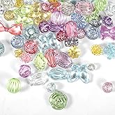 50-70 Pcs Cute Assorted Kawaii Aesthetic Beads Assorted Bohemia Acrylic Beads Heart Butterfly Flower Round Oval Czech Bead Bulk Metal Enlaced Transparent Aesthetic Bead for Jewelry Making DIY Craft