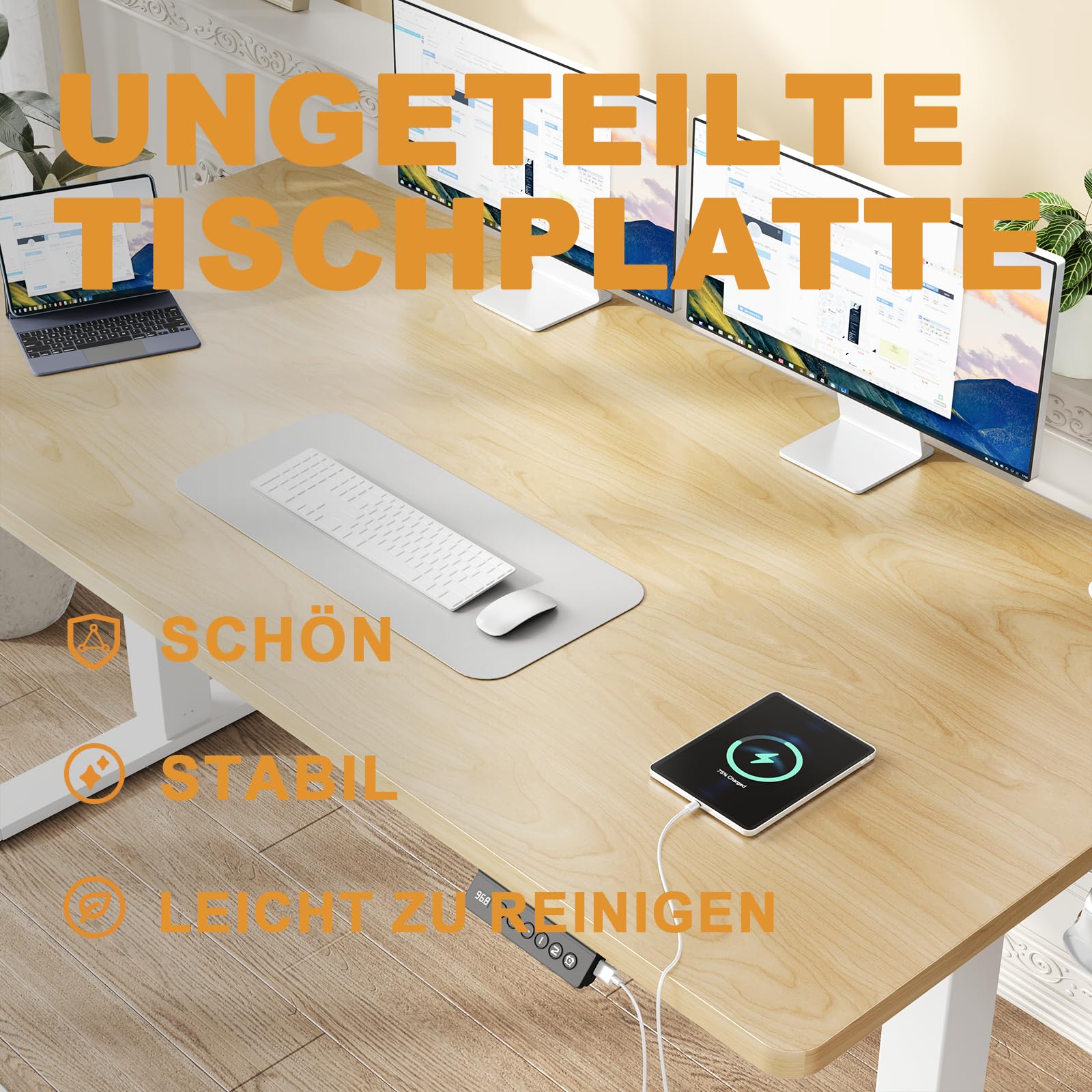 Flamaker Höhenverstellbarer Schreibtisch Ganze Tischplatte 140 x 60 cm Elektrischer Schreibtisch Höhenverstellbar für Steh-Sitz, Computertisch mit Memory-Funktion,Standing Desk,Beige 6