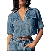 Floerns Women's Collared V Neck Denim Crop Tops Short Sleeve Casual Loose Jean Top