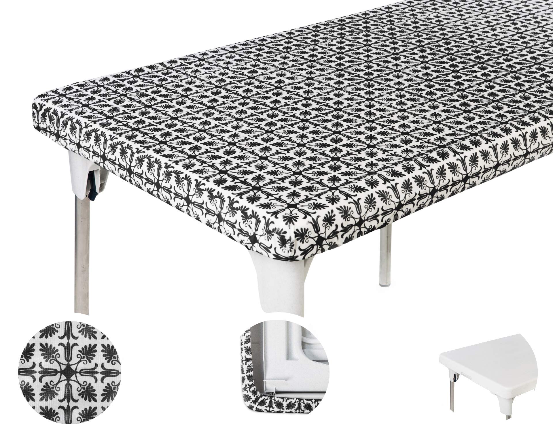 TopTableCloth 4ft 48 x 24 inch Black Patterned Rectangle Picnic Table Cover Elastic TableCloth on the Corner for Folding Table Outdoor TableCloths Plastic Vinyl Waterproof Stay Put Party Birthday Home