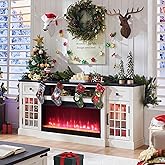 ACCOHOHO Farmhouse Fireplace TV Stand for 80 Inch TV, Entertainment Center w/ 36'' Electric Fireplace & LED Lights, Mordern Media Console with Storage Drawers & Cabinets for Living Room, White