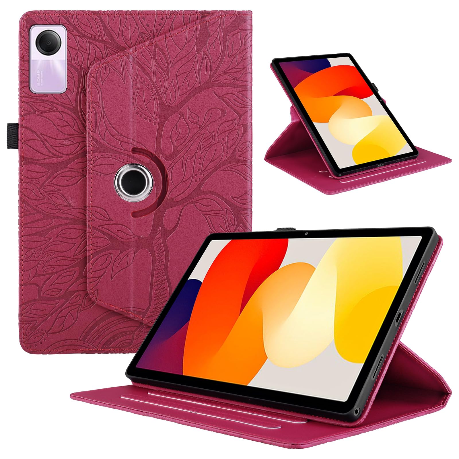 TEDTIKJT Rotating Case for Xiaomi Redmi Pad SE 11 Inch 2023 Flip Cover PU Leather Tablet Case 360 Degree Rotating Stand Protective for Xiaomi Redmi Pad SE Cover, Red Life Tree