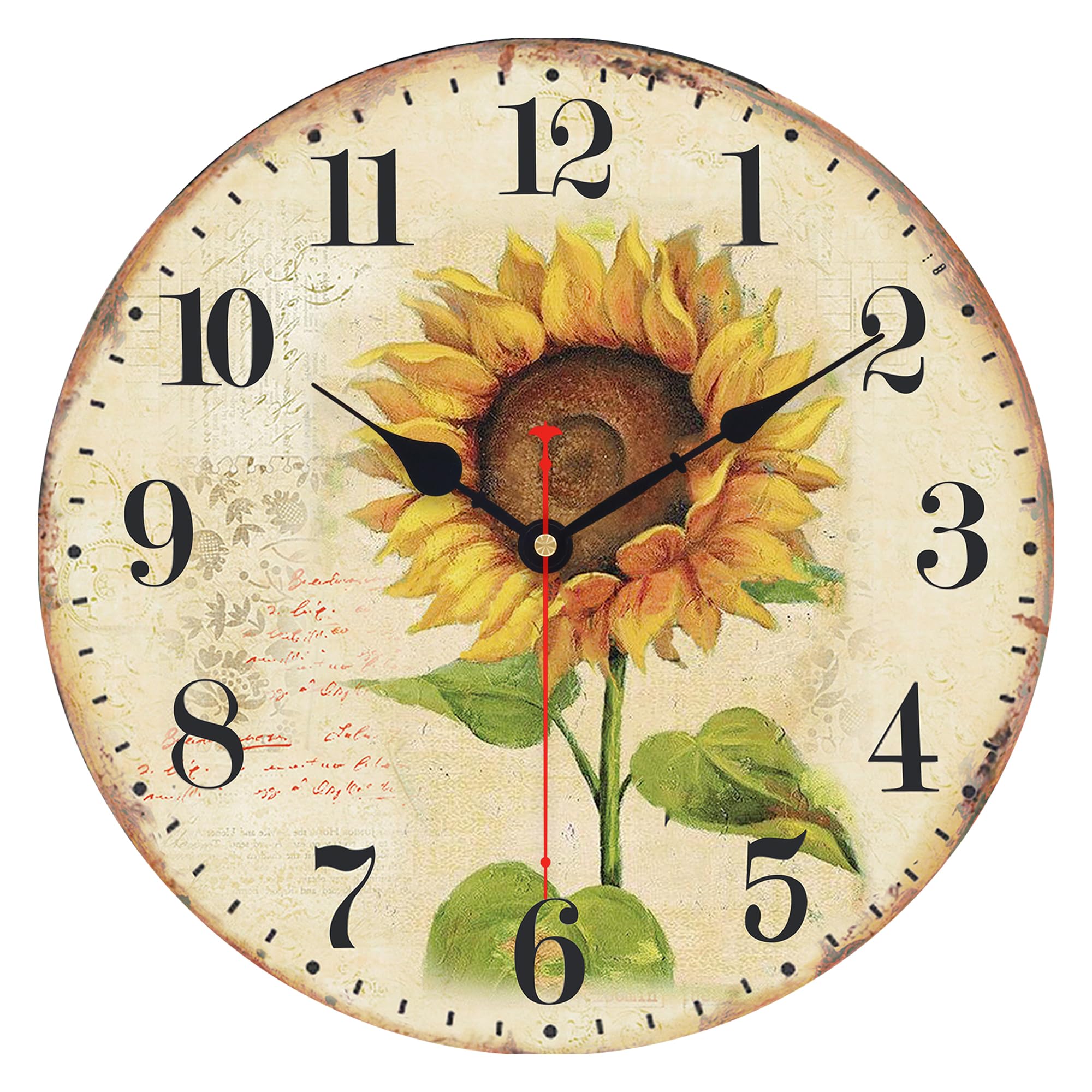 VIKMARI Art Decorative Arabic Numeral Wooden Wall Clock Battery Operated Quartz Silent Round Clocks 14 Inch Sunflower Hanging Clock for Bedroom,Dining Room,Office and Living Room