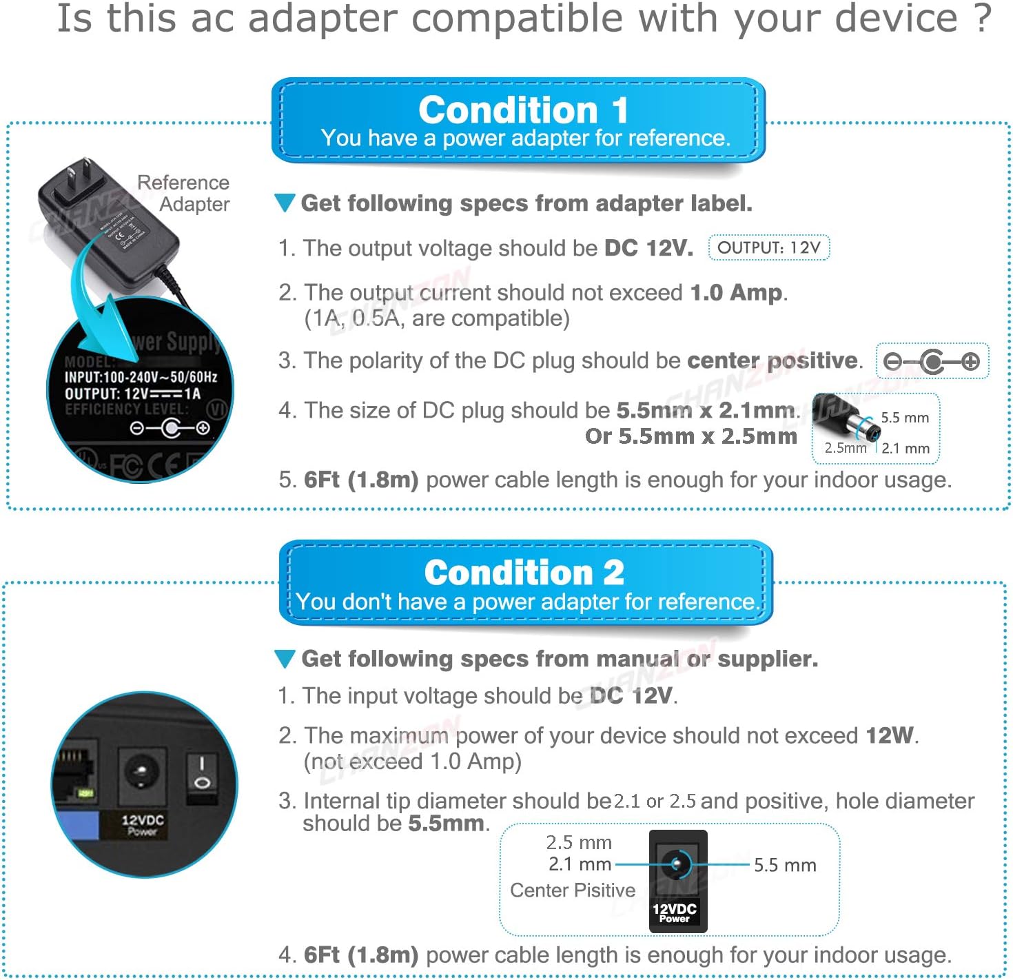 [UL Listed] Chanzon 12V 1A 12W AC DC Switching Power Supply Adapter (Input 100-240V, Output 12 Volt 1 Amp) Wall Wart Transformer Charger for DC12V Security CCTV Camera (6Ft Cord, 12 Watt Max): Home Audio & Theater
