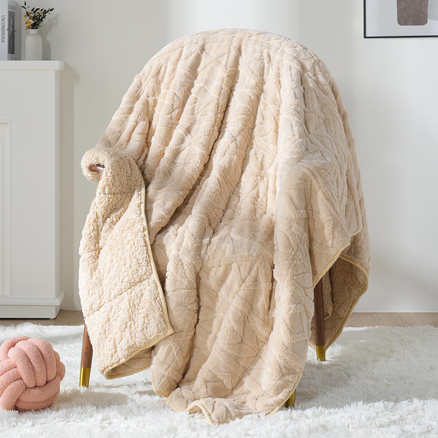Photo 1 of Sivio Weighted Blanket Full Size 15 lbs for Adults, Sherpa Fleece Weighted Blanket Jacquard Heavy Blanket for Sleeping, Reversible Super Soft Warm Cozy Fluffy Blanket for Adult? 48 x 72inches, Khaki
