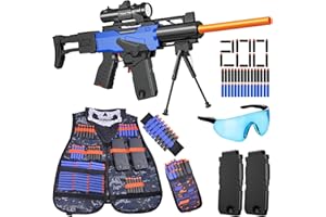 SANETAN Toy Gun Automatic Sniper Rifle with Scope, Tactical Vest Kit, Toy Foam Blasters with 200 Soft Bullets, 2 Magazinine and Bipod, Electric Gun for Boys Age 8-12, Gifts for Birthday Christmas