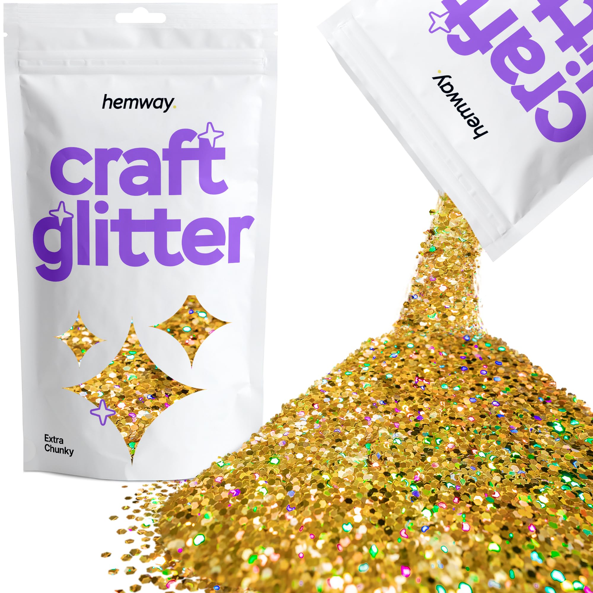 Hemway Craft Glitter Gold Holographic 100g Extra Chunky Glitter for Crafts, Resin, Cosmetic, Nail, Face, Body, Festival, Tumblers, Art, Candle, Crafting