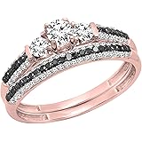 Dazzlingrock Collection Round White Sapphire, Black & White Diamond 3 Stone Bridal Engagement Ring Set, Available in Metal 10