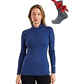 Merino Wool Base Layer Women - 100% Merino Half Zip Sweater Women Lite, Midweight, Heavyweight Thermal Shirts and Socks