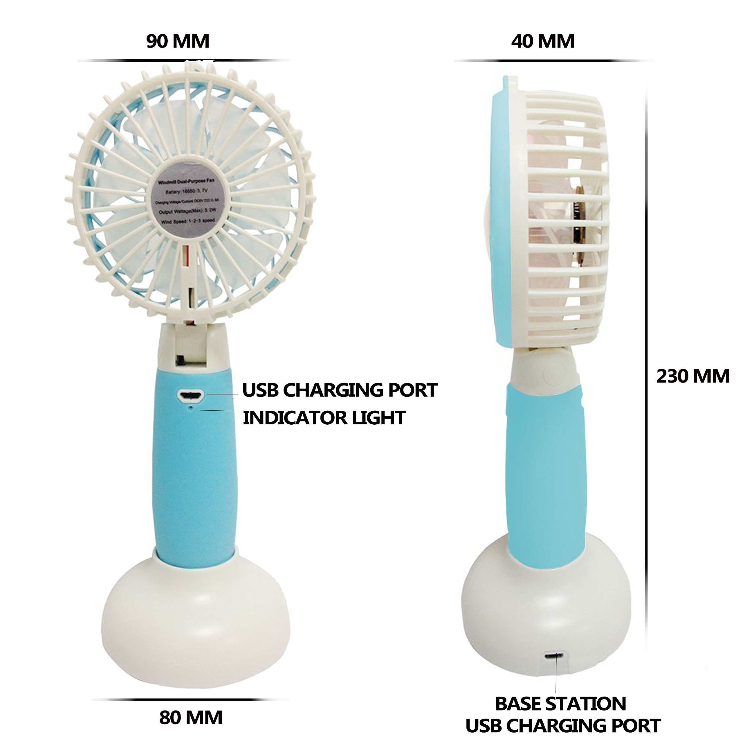 Haraqi Handheld Fan Mini USB Fan Electric Personal Portable Handfan with Rechargeable Battery Adjustable 3 Speeds Outdoor Fan for Home Travel … (Blue)