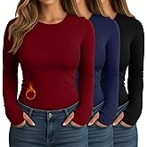 Evervibe 3 Pack Women's Plus Size Thermal Shirts Fleece Lined Long Sleeve Crew Neck Tops Slim Fit Shirts with Thumb Holes
