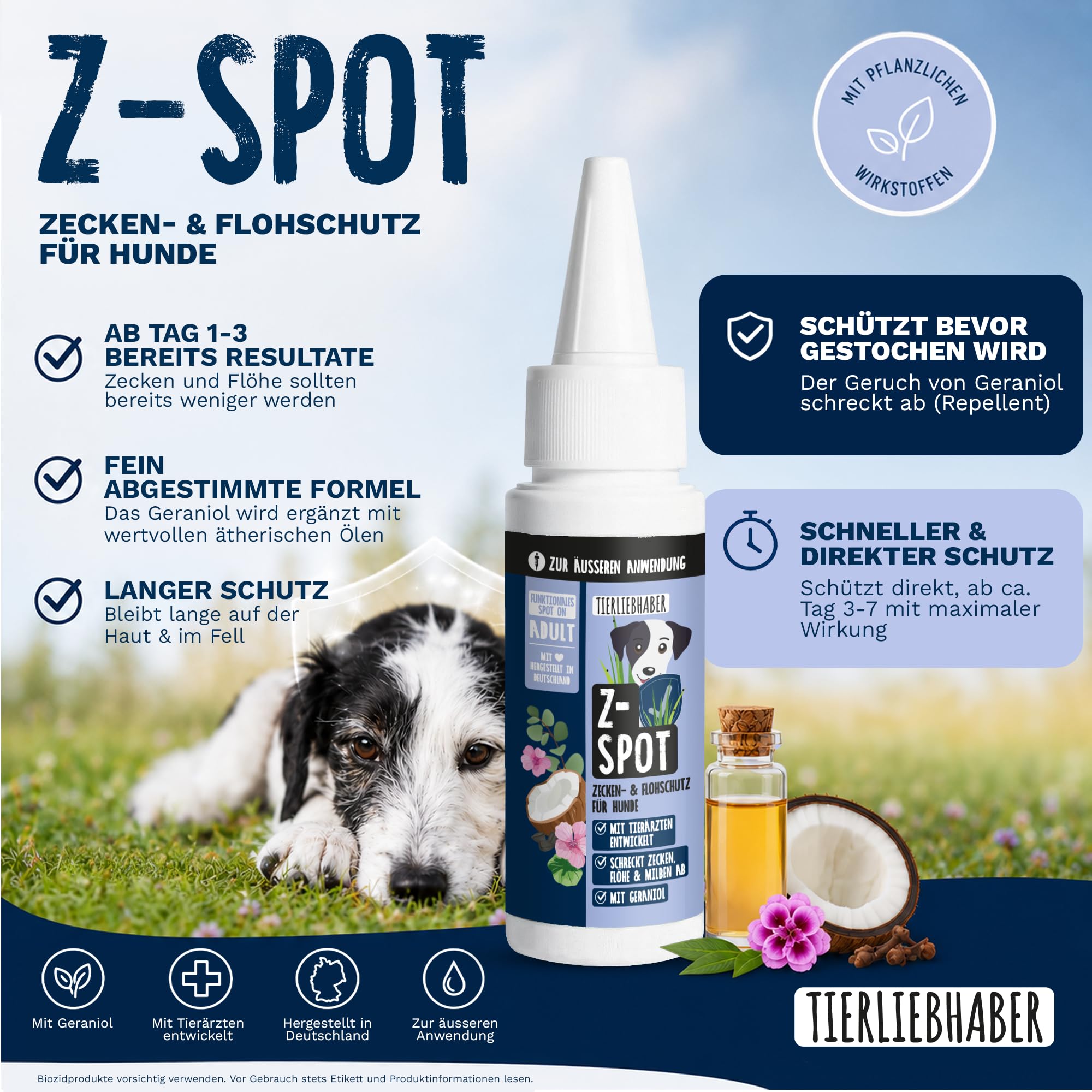 Zeckenschutz Hund Z-Spot mit Geraniol – Pflanzliches Zeckenmittel für Hunde tierärztlich entwickelt – Spot On Hund mit Schwarzkümmel- & Kokosöl – Floh und Zeckenschutz für Hunde 50ml von TIERLIEBHABER 3