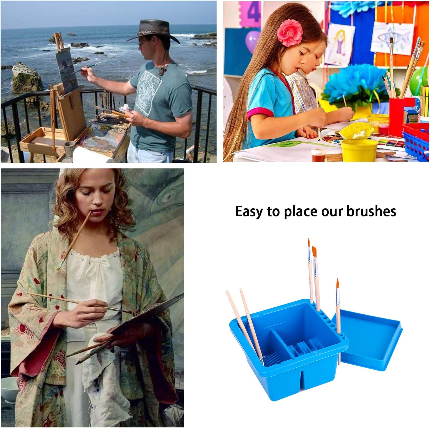 Paint Brush Washer Cleaner Pot Artist Brush Cleaning Bucket Multi-Function Art Pen Barrel Plastic Brush Washer Box with 12 Hole Brushes Holder and Lid Palette for Watercolor Acrylic Oil Painting - Image 4